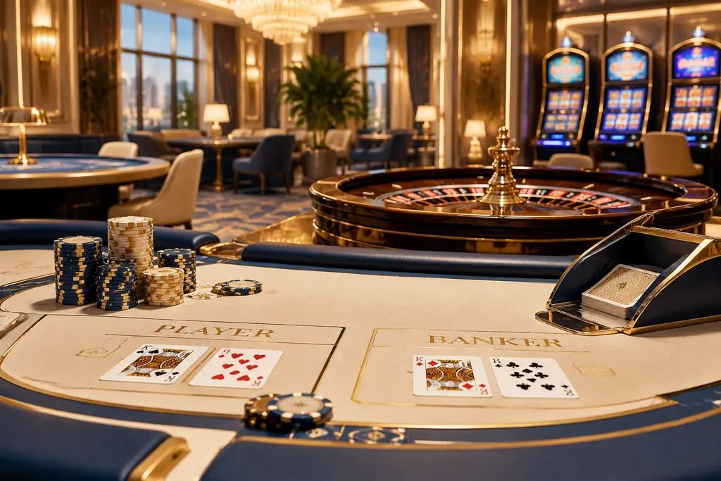 Ilustrasi ruang kasino dengan meja kartu, roda roulette, dan mesin slot
