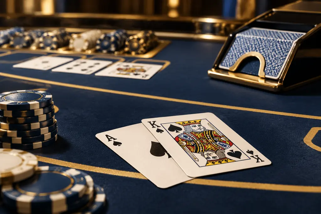 Ilustrasi kartu as dan kartu bergambar di meja blackjack