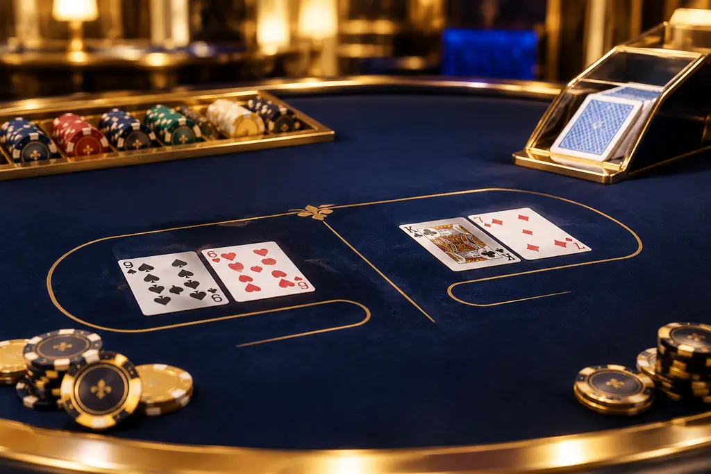 Ilustrasi meja baccarat dengan kartu dan tumpukan cip