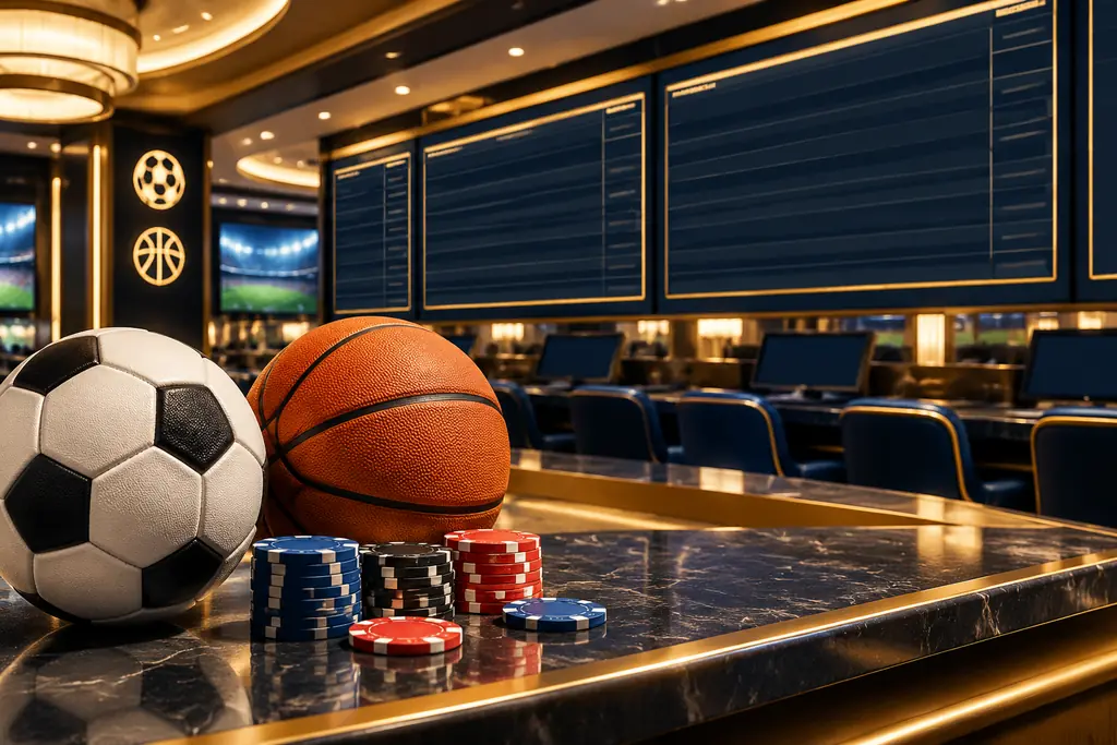 Ilustrasi bola sepak dan bola basket di area sportsbook kasino