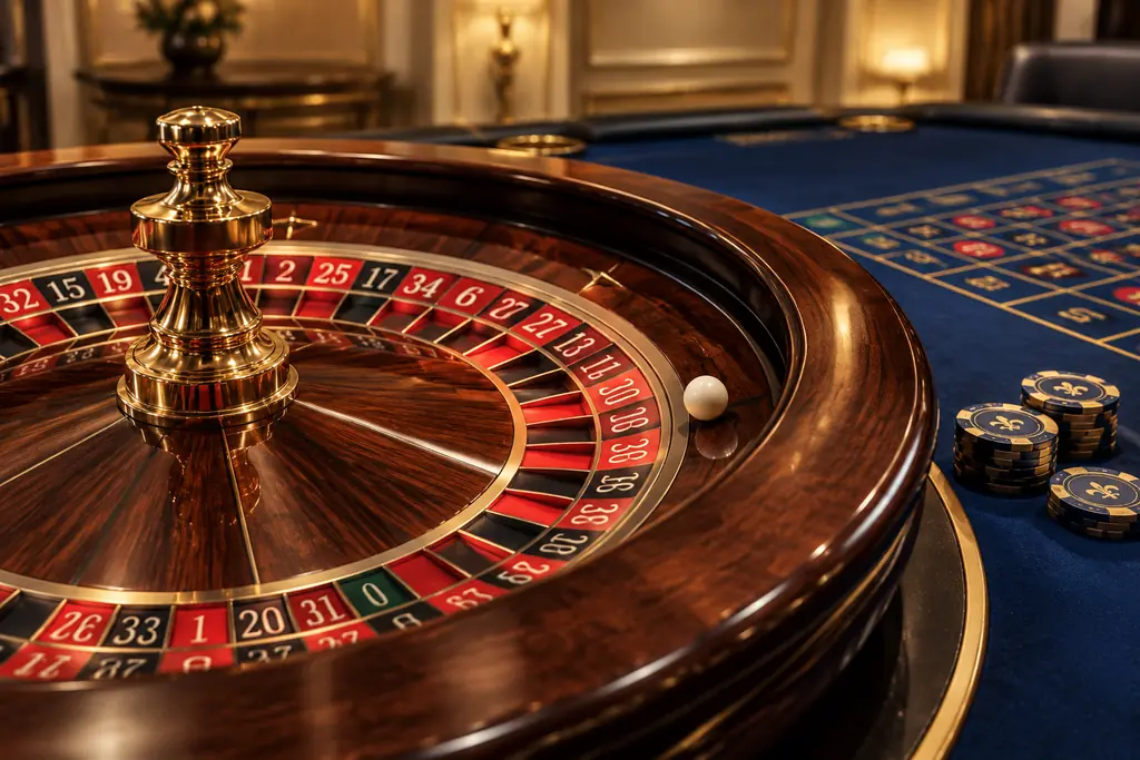 Ilustrasi roda roulette dan cip di meja kasino